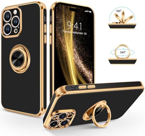SouliGo iPhone 14 Pro Hülle, iPhone 14 Pro Handyhülle Slim weiche TPU Silikon Case Cover mit 360 Grad Ring Halter Ständer stabil Kratzfest Hülle für iPhone 14 Pro 6.1'' Schwarz Gold