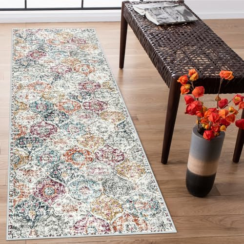 Lahome Marokkanischer Flurteppich, 60 x 200 cm, rutschfest, waschbar, Läufer für Flur, ultradünner Orientteppich für Eingangsbereich, Waschküche, Schlafzimmer, Badezimmer, Elise, Aqua/mehrfarbig