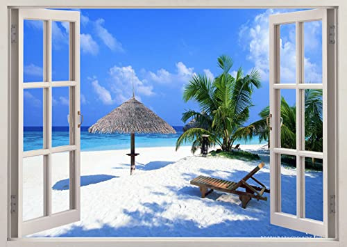 Wandtattoo Rissig DIY Fototapete Strand Palmen Wasser Meer Seite Ozean 3D Effekt Fenster Wandaufkleber 231 80x120CM