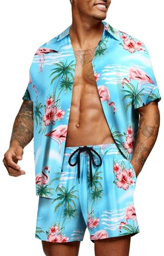 COOFANDY Herren Hemd Kurzarm Sommerhemd Floral Hawaiihemd Flamingo Party Hemden und Shorts Set Strand Outfit Urlaub M