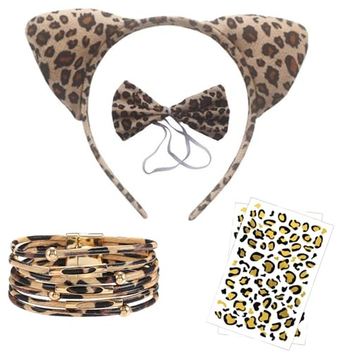 Mrracxy 4 Stück Leoparden Kostüm Set, Tier Kostüm Tier Verkleiden Set Leoparden Ohren Haarreif, Fliege, Armband mit Leopardenmuster Tattoo, Safari Outfit Kinder, Karneval, Fasching, Halloween