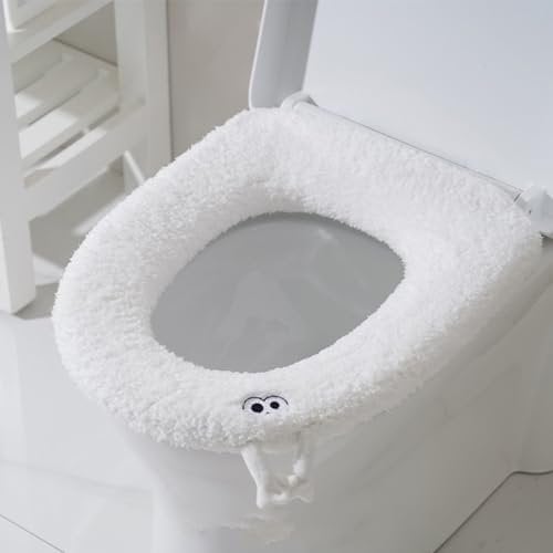Treer Toilet Seat Cover Pads, Thicker Soft Toilet Seat Cushion Warmer Washable Bathroom Toilet Seat Covers with Handle Reusable Cushion for Winter Universal Size (1pc,white)