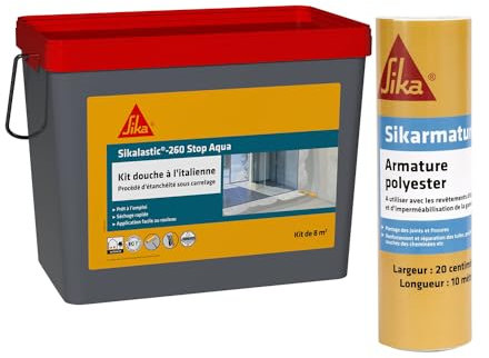 SIKA - Kit douche à l'italienne: Kit d'étanchéité sous carrelage 8m² - Prêt à l'emploi - Séchage rapide + Bande armature supplémentaire 10m x 20cm