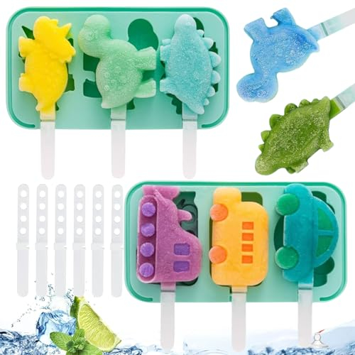Eisformen Eis am Stiel, 2 Stück Silikon Eis am Stiel Eiscreme Cakesicle Formen, Kinder DIY Eisform mit Stiel BPA Frei Wiederverwendbar, Kreative Hausgemachte Dinosaurier Früchte Form (A)