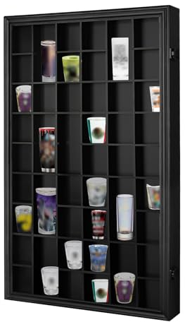 Odjaraye Shot Glass Display Case - 46 Glass Holder, Wall-Mounted, Lockable Cabinet with UV Protection, Black
