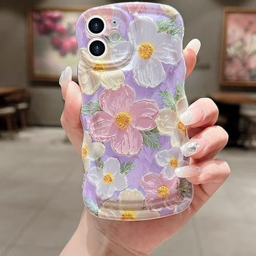 for iPhone 12 Mini Curly Wavy Case, Cute Colorful Retro Oil Painting Flower Glossy Pattern, Slim Fit Shockproof Protective Cover for Girls Women (Purple)