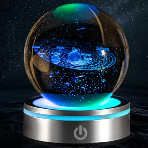 3D Sonnensystem Kristallkugel, Kristallkugel mit LED Bunte Nachtlicht, Glaskugel mit Touch Lampensockel, Astronomie Modell Dekor, Leuchtende Glaskugel Ornament, Geschenk für Kinder Freunde Paar