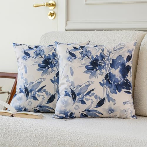 Vorysum 2 er Set Kissenbezug 45x45 cm Outdoor Kissen Wetterfest Blau Blumen Abstrakt Frühling Kissenbezüge Böhmen Sofakissen Dekokissen Kissenhülle aus Polyster für Garten Sofa Wohnzimmer Bett