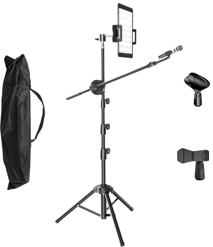 Kereal Mikrofonständer, Boden-Boom-Ständer mit 360°-Kugelkopf-Tablet-Halter, zwei Mikrofon-Clips zum Singen, tragbar, höhenverstellbar 43,2 cm - 210,8 cm, für Studio, Bühne, Karaoke, DJ, Kinder