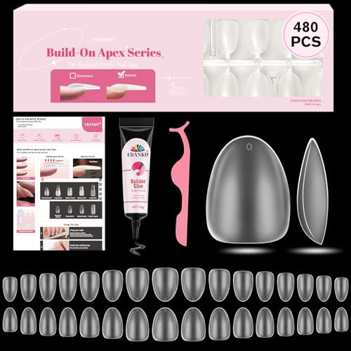 EBANKU Build on Apex Natural Nail Tips, 16 Sizes 480 PCS Extra Short Almond Clear Acrylic Full Cover Press on Nails with Builder Glue, Pre-applied Tip Primer & Base Coat