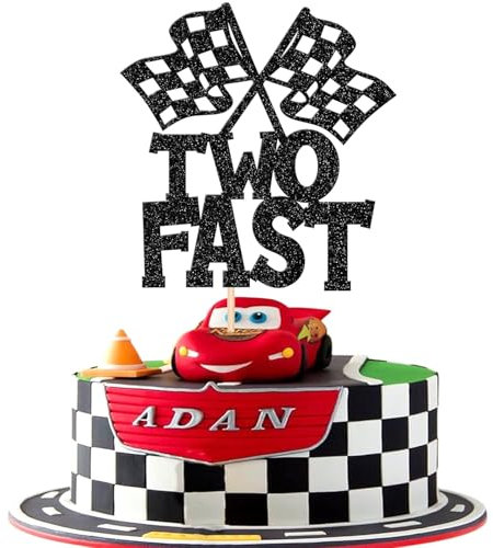 SYKYCTCY Two Fast Birthday Cake Topper - Black Glitter Checkered Flag Racing Car 2nd Pick for Let's Go Racing Theme Boys Girls Kids Second Party Cake Decorations Supplies (1 Pack)