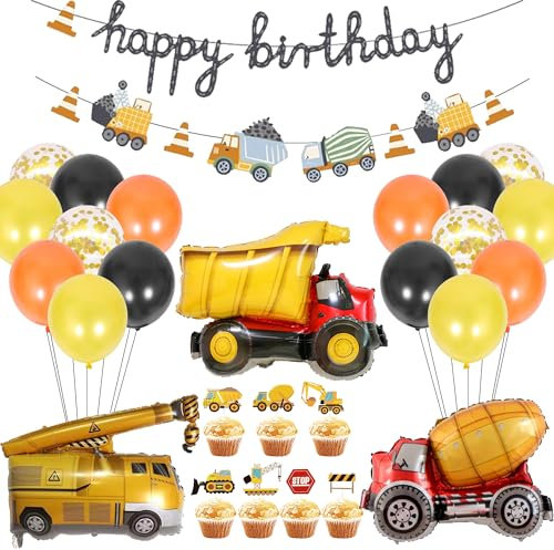 Bagger Geburtstag Deko Party Luftballons - 21 Stück Happy Birthday Banner Kran Betonmischer Folienballons Tortendeko Für Dekoration Zum Kindergeburtstag Baustelle Geburtstags Babyparty Dekor