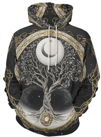 ENLACHIC Sweat à capuche Viking Tatouage 3D Impression numérique pour homme, Arbre de vie lune, X-Large