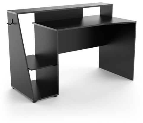 Demeyere Petit Bureau Gaming avec Rangement – Idéal Set Up & Pc Gamer – Coloris Noir Mat & Finitions Grises Foncées-138 x 94 x 67 cm