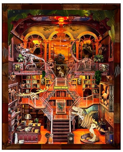 VORATHIS DIY Wooden Puzzle with Night Light, Miniature House Kits, Stunning Bookshelf Insert Decor, Ideal Gift for Holidays, Birthdays, and Home Library Decoration(Dinosaur Museum)