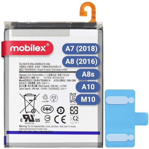 MOBILEX® Batteria interna per Samsung Galaxy A7 (2018) / A8 (2016) / A8s / A10 / M10 (EB-BA750ABU) Ricambio | 3400mAh - OEM | Capacità originale