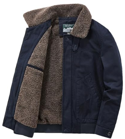 Giacca da uomo in pile spesso invernale con collo in pelliccia di cotone antivento, Blu scuro, 3XL