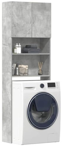 Mobile Lavatrice Grigio Cemento 190x64x24 cm, Mobile Bagno Lavatrice, Mobiletto Porta Lavatrice da Bagno con Scaffale e Armadietti Legno Multistrato (Peso 25,8KG)