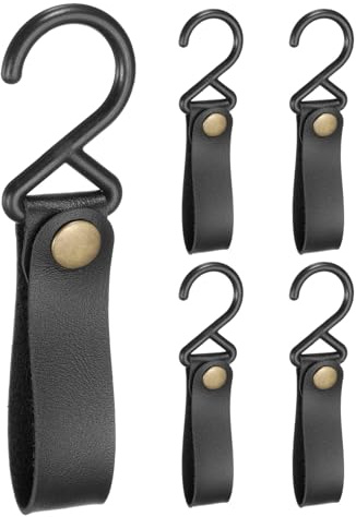 sourcing map 5pcs PU Leather Hooks, Leather Straps with Hooks, S-Shape Hooks for Outdoor Camping Hanging Pots Pans Utensils Black
