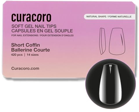 Curacoro Natural Nail Soft Gel Tips - 420Pcs Soft Extension Tips, 14 Sizes Clear Full Cover Acrylic Gel Tip, Long-Lasting Salon Quality, Easy to Wear & Natural Look (Coffin, Short)