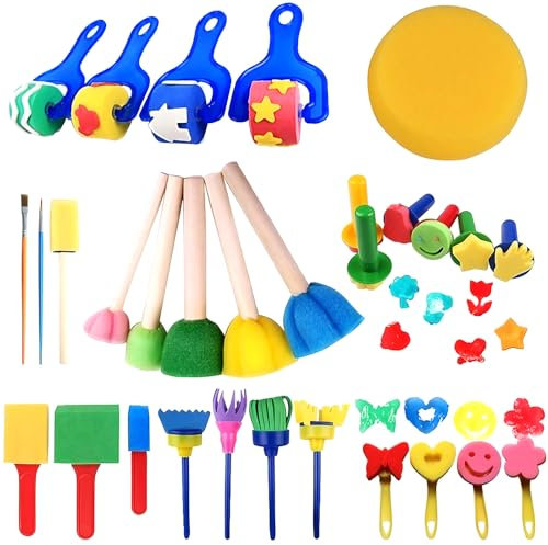 Pinceaux éponge pour Enfants,30 Pièces Kit Peinture Enfant Ensemble d'outils de Einture Pinceaux en Mousse Éponges de Peintur pour l'éducation Précoce des Enfants,Outils de Peinture Manuelle DIY