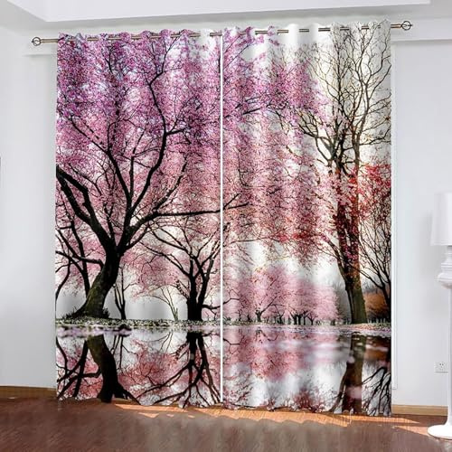 Lirzxin Blackout Curtains Eyelet 54 Inch Drop, Thermal Insulated Window Treatment Cherry Trees Landscape Room Darkening Curtains for Living Room Bedroom Pink Brown Black 38 x 54 Inch, 2 Panels