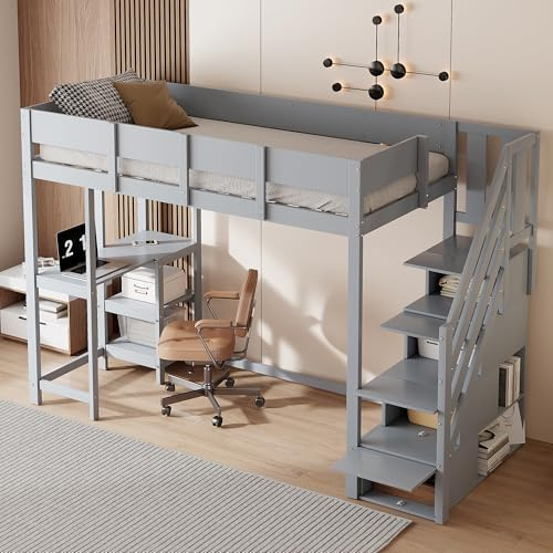 WIZBED Hochbett 90x200 mit Schreibtisch und Stauraum Treppe, Etagenbett mit Lattenrost & Rausfallschutz, Kinderbett Einzelbett Funktionsbett, ohne Matratze,Grau