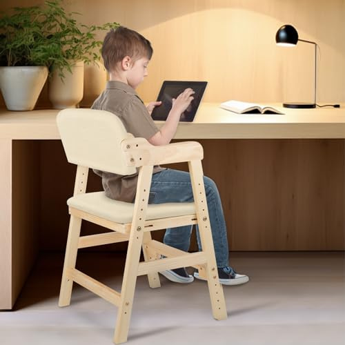 Hochstuhl, höhenverstellbarer Holzhochstuhl für kinder, mitwachsender Buchenholz Babystuhl, Stuhl wächst mit dem Baby, zum Essen und Lernen,Beige