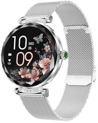 Thafikzi Montres Connectées Femme avec Tension Artérielle/Réponse aux Appels/Rythme Cardiaque/Pas/Sommeil/Multisports/Étanche IP68, Tracker Fitness 1,19 pour iOS Android (Argent avec Diamants)