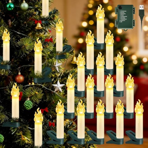 Etopgo 30 LED Kerzen Lichterkette, Weihnachtsbaum Kerzen Lichterkette mit Timer, 8 Modi, USB + batteriebetrieben, Flammenlose Weihnachtskerzen mit Clip, Weihnachtsbeleuchtung für Weihnachtsbaum