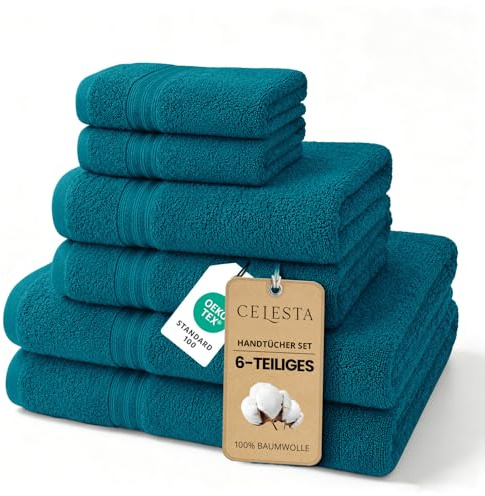 CELESTA 6‑teiliges Handtücher‑Set, 100% Baumwolle Frottee, Türkis | OEKO‑TEX zertifiziert, atmungsaktiv, saugstark & weich, mit Aufhänger, enthält 2 Handtücher, 2 Duschtücher, 2 Gästetücher