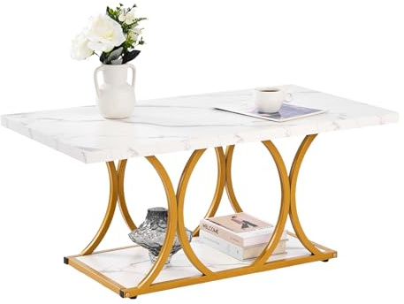 VEVOR Table Basse en Faux Marbre, Table de Salon Rectangulaire à 2 Niveaux, Meuble de Rangement Plateau de 100 x 55 cm, avec Pieds Géométriques Structure Métallique, pour Bureau Salon, Blanc