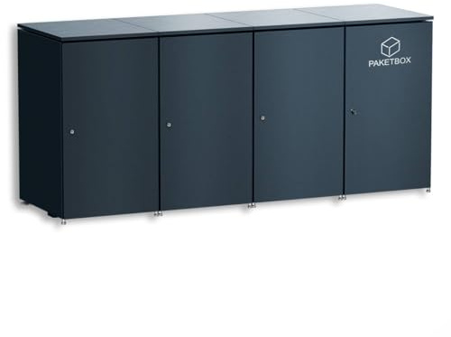 Metzler Mülltonnenbox 3er mit XXL Paketbox | Aluminium Anthrazit RAL 7016 | Für 3 Mülltonnen 240L | Abschließbar Rostfrei Wetterfest | Gasdruckdämpfer Soft-Close | Höhenverstellbare Füße