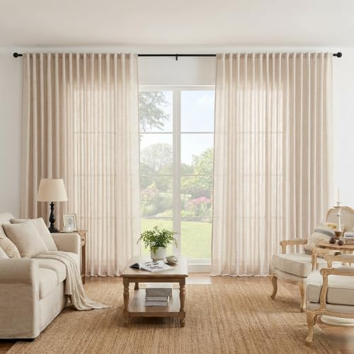Lapalife Extra Wide 100 Inch Linen Semi Sheer Curtain for Living Bedroom,Light Filtering Curtain for Sliding Door Natural Beige Floor to Ceiling Window Panel 100x84,1Panel