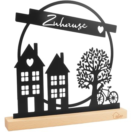 BlueXP Zuhause Deko Schriftzug Metall Häuser Baum Holzsockel | Elegante Tischdekoration mit Zuhause Schriftzug Häusern und Baum Design stabile Metallgestaltung mit Holzsockel für Büro