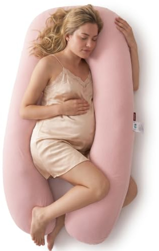 Momcozy U-Lite Schwangerschaftskissen Strickbaumwolle 130cm Rosa | Seitenschläferkissen, gestrickter Baumwollbezug, OEKO-TEX zertifiziert, abnehmbar & waschbar, platzsparend