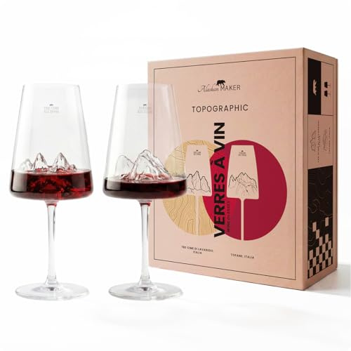 Alaskan MAKER | Coffret de 2 verres à vin 400 ml - Verre borosilicate soufflé bouche - Montagne en relief 3D au fond | Coffret premium aimanté | TOPOGRAPHIC (Tre Cime di Lavaredo & Tofane)