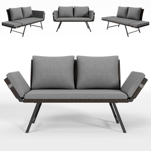 Gartenbank Rattan Wetterfest mit Liegefunktion 2-3 Sitzer, Gartensofa & Balkonsofa mit Kissen & Polster, Verstellbare Armlehnen, Bis 220kg, Outdoor Sofa Bank für Klein Balkon, Terrasse, Garten -Grau