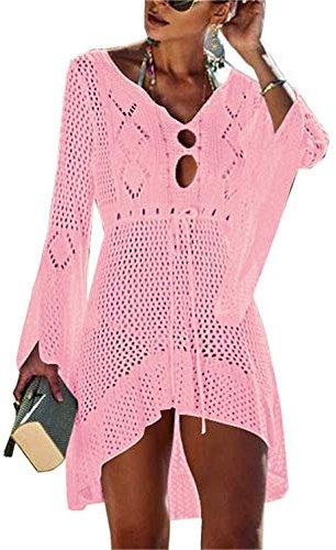 Jinsha Vestiti-Abito Sexy-Copri Costumei-da Spiaggia - Woman Dress Scollo a V-Collo Maglia Uncinetto Camicia Boho Pareo Top Tunica Cover up da Spiaggia Bikini Beach Bagno Mare Estivo Donna Rosa