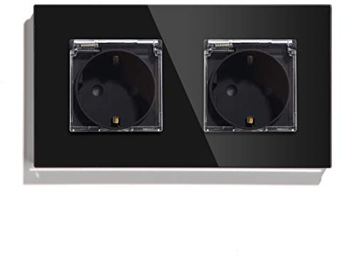 BSEED Unterputz Steckdose mit Wasserdichter Abdeckung, Glas Wandsteckdose Ideal für Feuchträume Outdoor und Indoor Verwendung, 157mm 2 Fach Schwarz