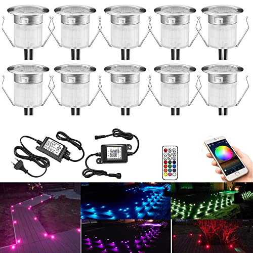 GEYUEYA Home WLAN Bodenstrahler Außen 10er Set RGB LED, Bodeneinbaustrahler Aussen, IP67 Wasserdicht, DC12V, Ø30mm, LED Bodenleuchten Außen, Terrassenbeleuchtung, Alexa Google Home