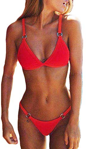 CheChury Maillot de Bain 2 Pieces Femme Sexy Taille Basse Bandage Bikini Bresilien Push Up Swimwear De Plage Taille Basse Brésilien String Bas de Bikini,Rouge-1,S
