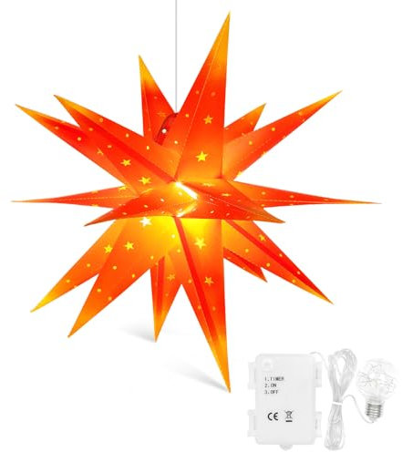 Qijieda 3D Puntale Albero Natale Luminoso - 18 inch Batteria da Esterno a LED con Luce a Stella di Natale con Timer, Puntale Albero di Natale Usato per Decorare Alberi di Natale,Balconi(Red-Yellow)