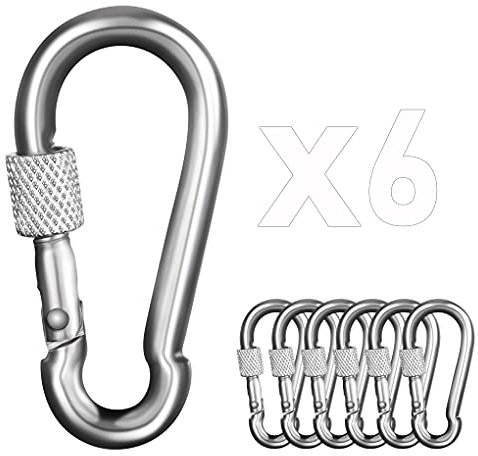 Teng Hong Hui 6pcs M6 Stainless Steel D-Shape Carabiner Clip with Nut, Silver, 5.7mm x 60mm, Screw Lock, Ideal for Camping, Hiking, Fishing & More