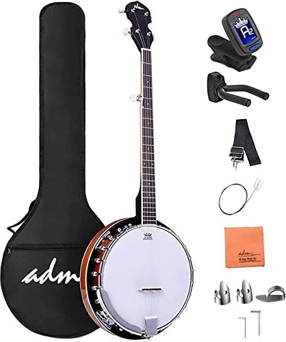 ADM 5 String Beginner Banjo Kit with Remo Head, Closed Back Full Size Banjos in 24 Bracket with Free Lessons & Starter Accessories for Adult and Teenager