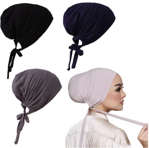 3 Stück verstellbare muslimische Innen-Hijab-Kappe mit Bindebändern am Rücken, islamische Unterschal-Haubenmützen, Chemo-Kappen, Schwarz, Einheitsgröße
