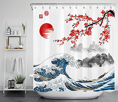 LB Kanagawa Große Welle Duschvorhang 180x200cm Rote Kirschblüten und Sonne Antischimmel Wasserdicht Badezimmer Vorhänge, Japanische Berglandschaft Extra Lange Polyester Stoff Bad Vorhang mit Haken
