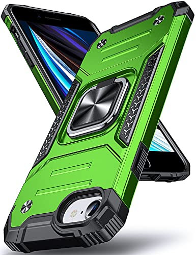 Anqrp for iPhone SE 2022 Case with Rotatable Metal Ring Kickstand [Military-Grade Drop Protection] Support for Magnetic Car Mount Shockproof Protective Phone Cover for iPhone 6/7/8/SE, Grass Green