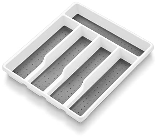 Onader Cutlery Tray, Plastic Cutlery Drawer Organiser, 5 Compartments Silverware Holder Utensil Storage for Spoons Forks Knives, Perfect for Kitchen Home Office, Anti-Slip & Space Saving, 32.6x29cm
