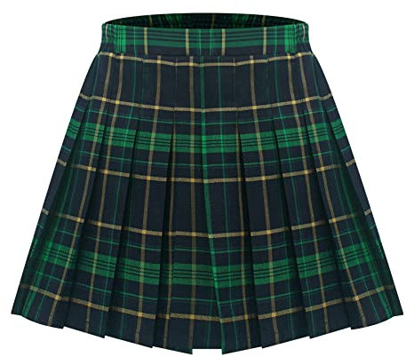 Maeau Jupe Plissée Courte à Carreaux Fille Ecoliere Mini Jupe Écossaise Taille Haute Elastique Tartan Kilt Ecossais Jupe Évasée École de Collège Patineuse Tennis Été Printemps Automne Vert 10-11 Ans